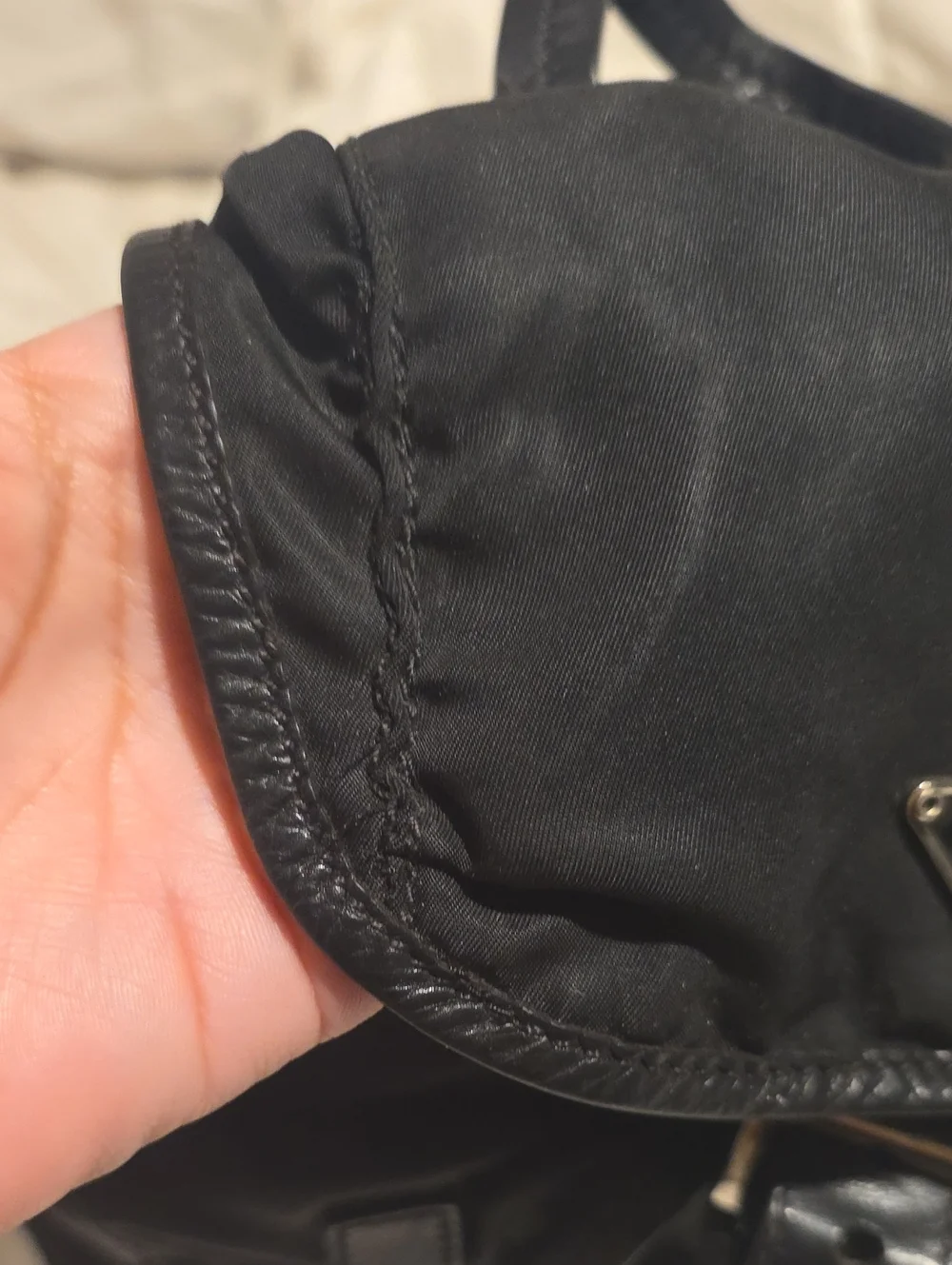 Prada Black Nylon Drawstring Backpack with Leather Trim